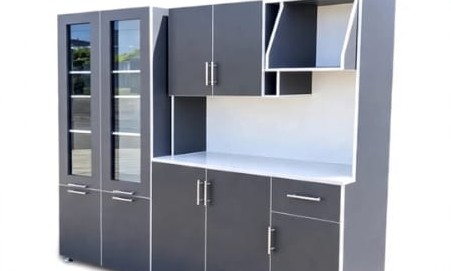 Modern grey kitchen cabinetry with glass doors